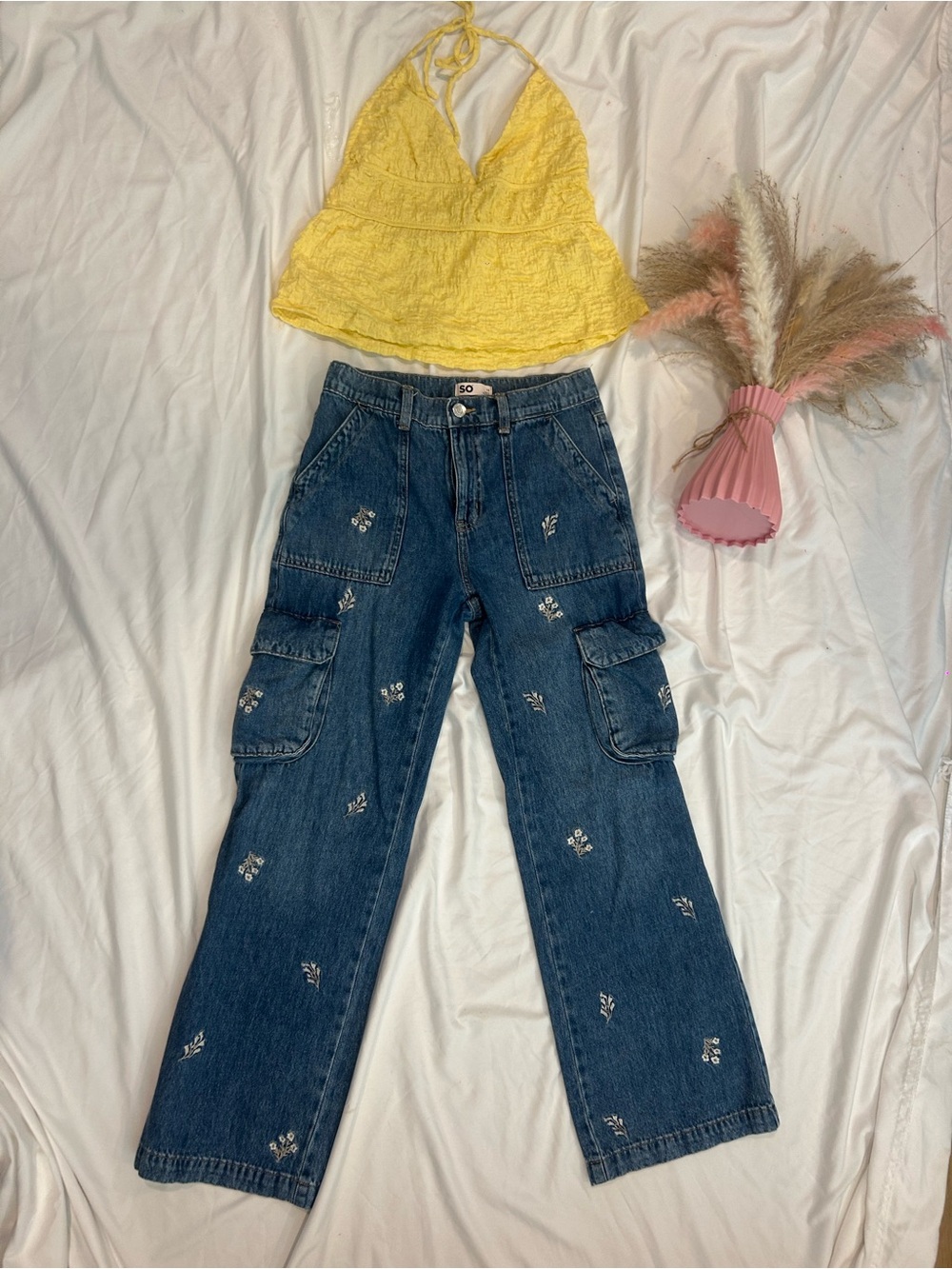 RSQ Dark Blue Floral Embroidered Cargo Jeans